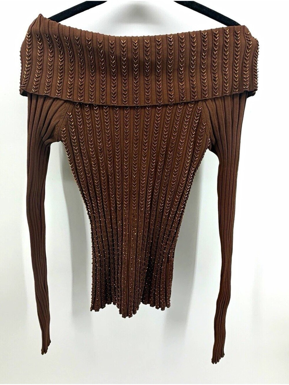 Vintage Cache Women’s XS Brown Beaded Off Shoulder Ribbed Sweater Y2K